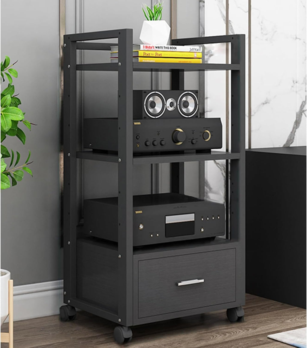 1m Tall Mobile Audio Rack Shelf, Amplifier Holder Cabinet for Recording Room/Home Cinema Media Equipment Storage, Multiple Shelf Entertainment Stand - Black White(B,3 Tier)