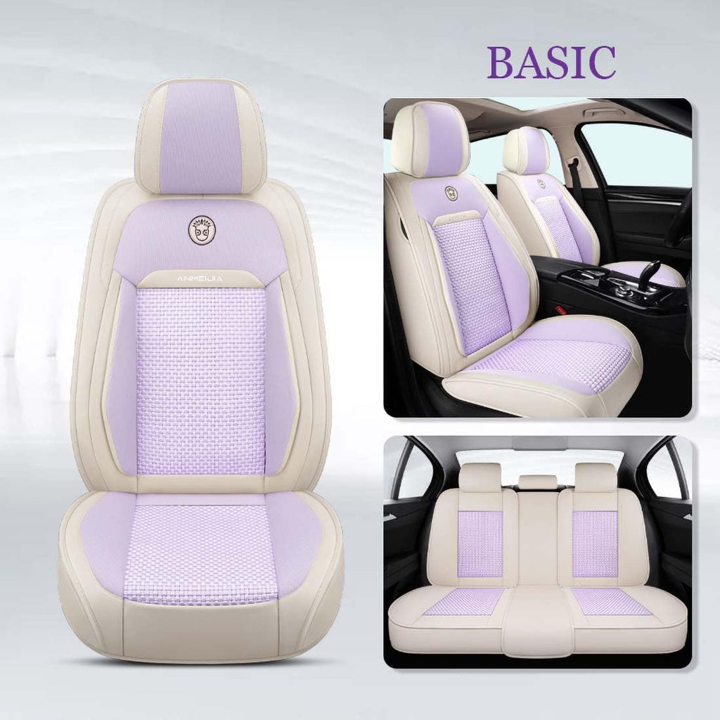 Purple Car Seat Covers Full Set - Leather and Ice Silk Breathable Front and Rear Seat Covers for Women Men, Luxury Car Cushions
