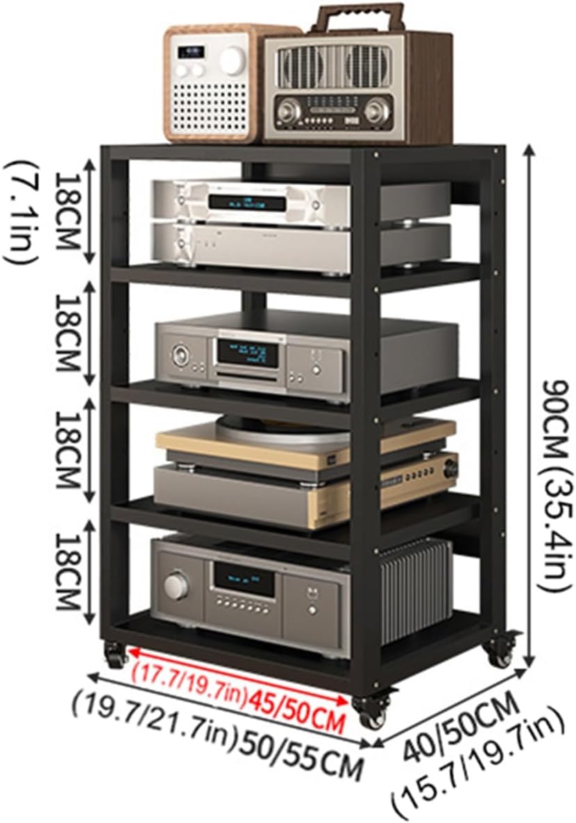 5-Tier Audio/Video Media Stand Cabinet with Wheels - Stereo Rack for DVD/CD Players, Amplifiers & Components - Multifunction Open Storage Shelf for Home & Office (55x50x90cm)