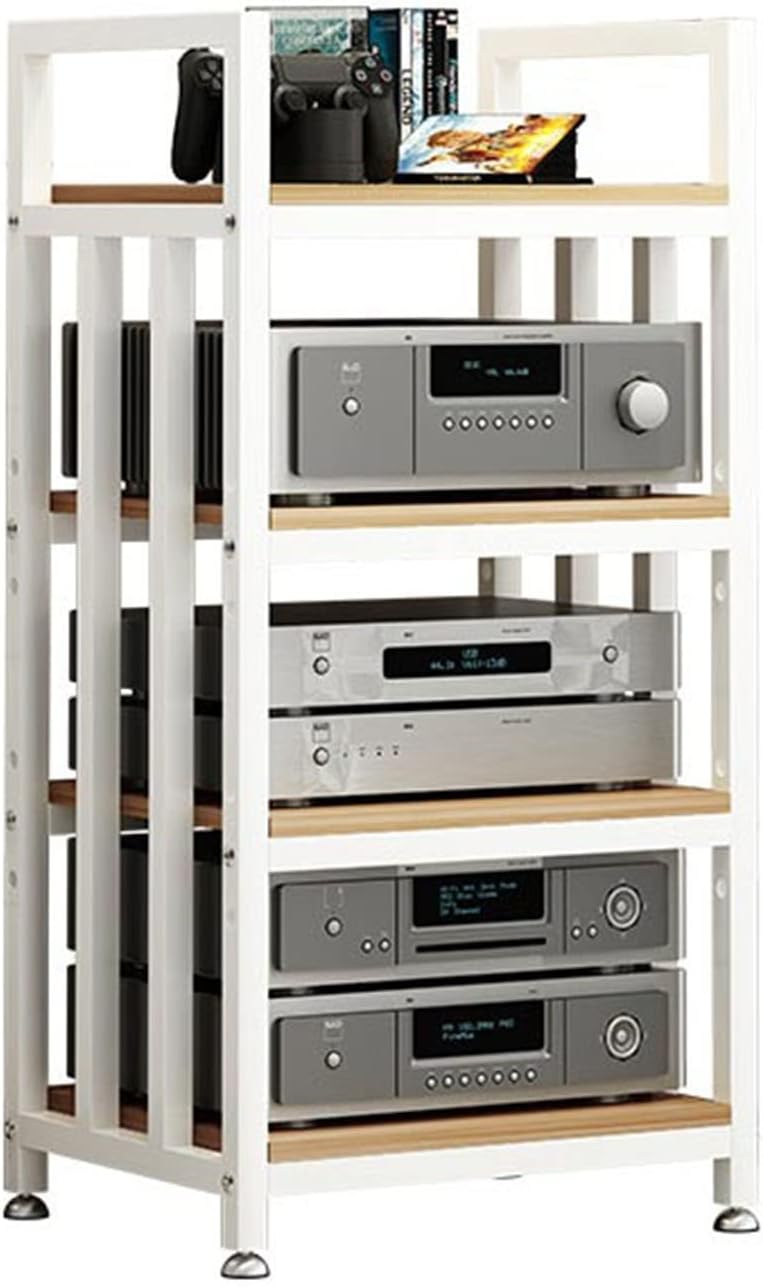 SOBS 4 Tier Furniture Media Stand Audio Rack DVD CD Player Stand Power Amplifier Equipment Cabinet with Height Adjustable Wooden Shelf, Floorstanding Storage Shelves 19.7x15.7x39.4in (Color : White)