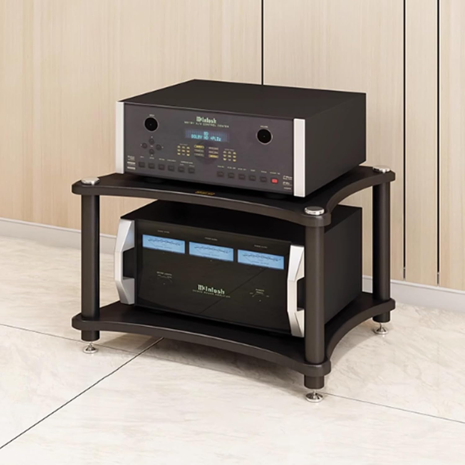 Audio Cabinet Rack 1-4 Tier Capacity Equipment Holders for Living Room, Large Storage AV Media Stand with 4 Steel Post, Vintage Furniture Stereo Cabinet Audio Rack Tower(3 Tier)