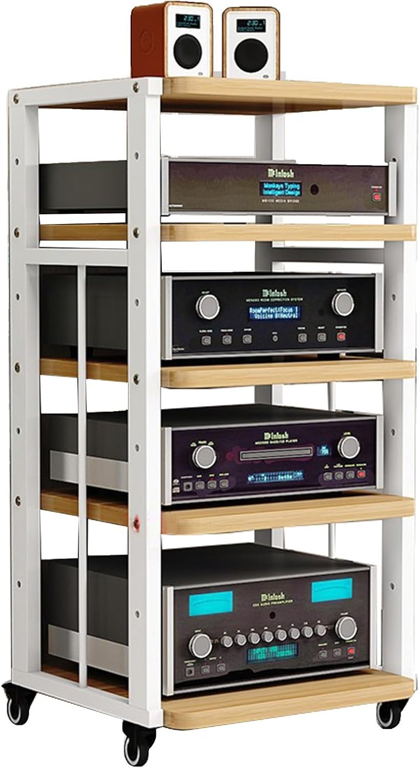 5 Layer Furniture Media Rack DVD CD Player Rack Audio Rack Power Amplifier Equipment Cabinet with Height Adjustable Wooden Shelf Floor Mounted Storage Rack(Light Walnut)