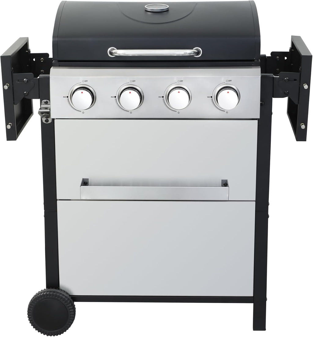4-Burner Propane Gas BBQ Grill, 34200BTU Output With Wire Enamel Cooking Grids For Outdoor Barbecue, Foldable Side Table, Hanging Basket, Stainless Steel