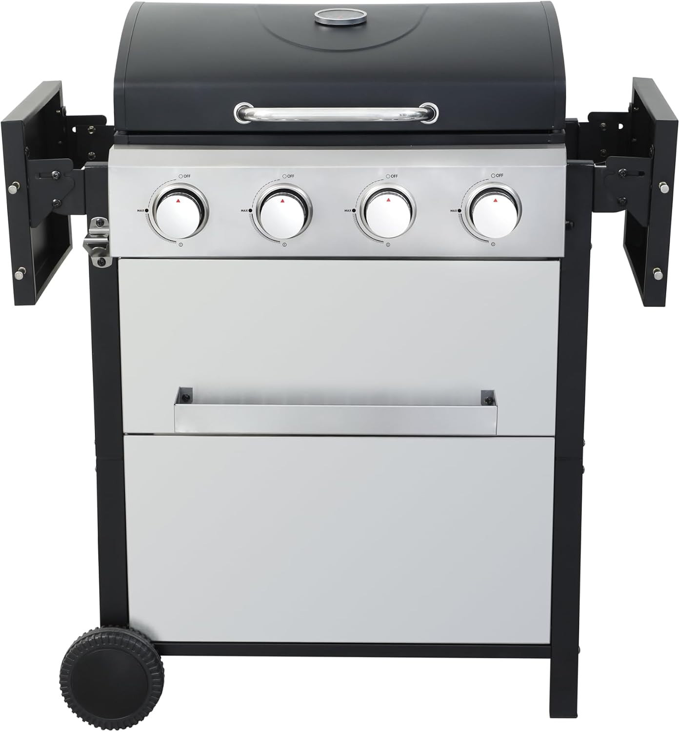 4-Burner Propane Gas BBQ Grill, 34200BTU Output With Wire Enamel Cooking Grids For Outdoor Barbecue, Foldable Side Table, Hanging Basket, Stainless Steel