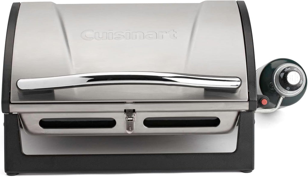 Cuisinart Grillster Portable Gas Grill, Stainless Steel Compact BBQ Grill with Locking Lid for Easy Transport, 8000 BTU Propane Grill with Dishwasher Safe Cooking Grate, Small Grill for Camping & BBQs