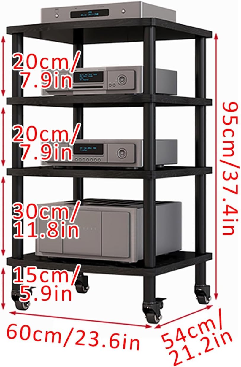 4-Tier AV Media Stand - Walnut Vinyl Record Player Shelf, Wooden Stereo Cabinet & Storage Rack for Audio Components, Ideal for Gaming & Entertainment Systems