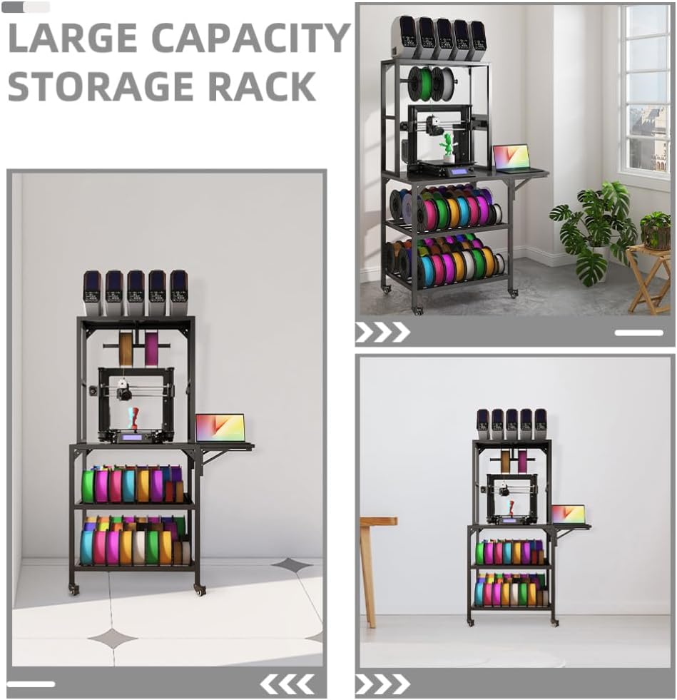 3D Printer Stand, Heavy Duty 3D Printer Table Stand with Double Layer Storage Rack, T-Shaped Spools Holder Rack with Wheels for Printing Studio, Home Office Workshop