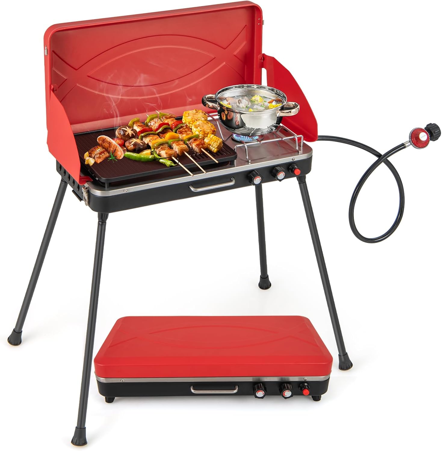 Giantex Portable Propane Grill & Camping Stove, 20,000 BTU Gas Camping Grill Burner, Independent Temperature Control, 3-Sided Wind Guard, Detachable Legs, for BBQ, Tailgating, Outdoor Cooking (Red)