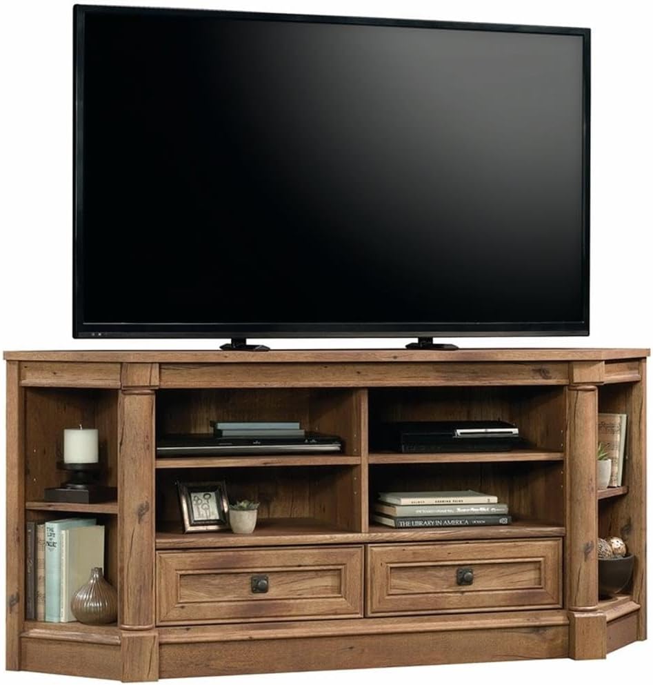 Pemberly Row Corner TV Stand, Engineered Wood, Fits TVs up to 60 in, Vintage Oak Finish, Open Shelving, Adjustable Storage, Drawers with Safety Stops, Cable Management, Space-Saving Design for Living