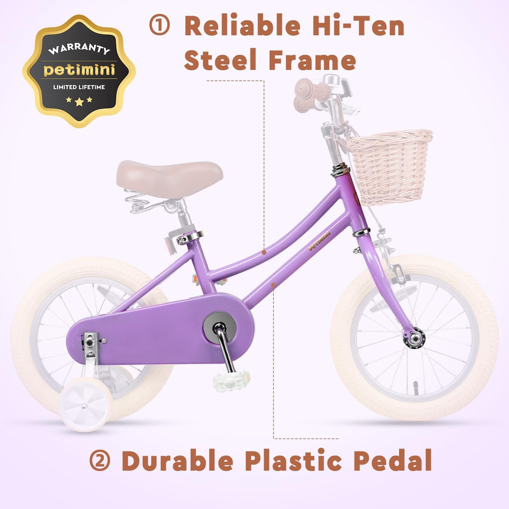 Petimini Vintage Kids Bike for Girls, 12–20 Inch Classic Bicycle with Wicker Basket & Bell, High Tensile Steel Frame, Training Wheels (12–18'), 85% Pre-Assembled, Retro Bike for Outdoor Riding
