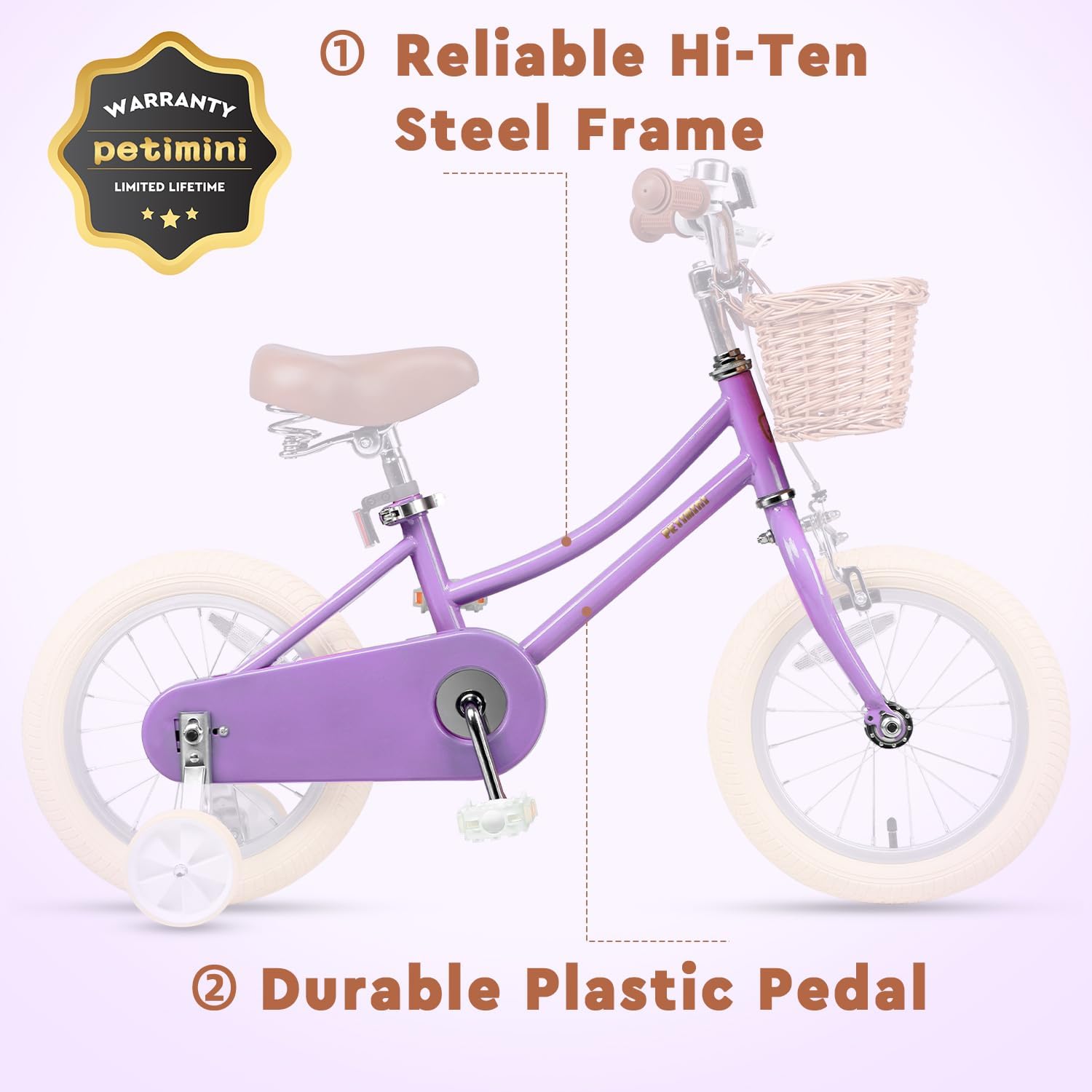 Petimini Vintage Kids Bike for Girls, 12–20 Inch Classic Bicycle with Wicker Basket & Bell, High Tensile Steel Frame, Training Wheels (12–18'), 85% Pre-Assembled, Retro Bike for Outdoor Riding