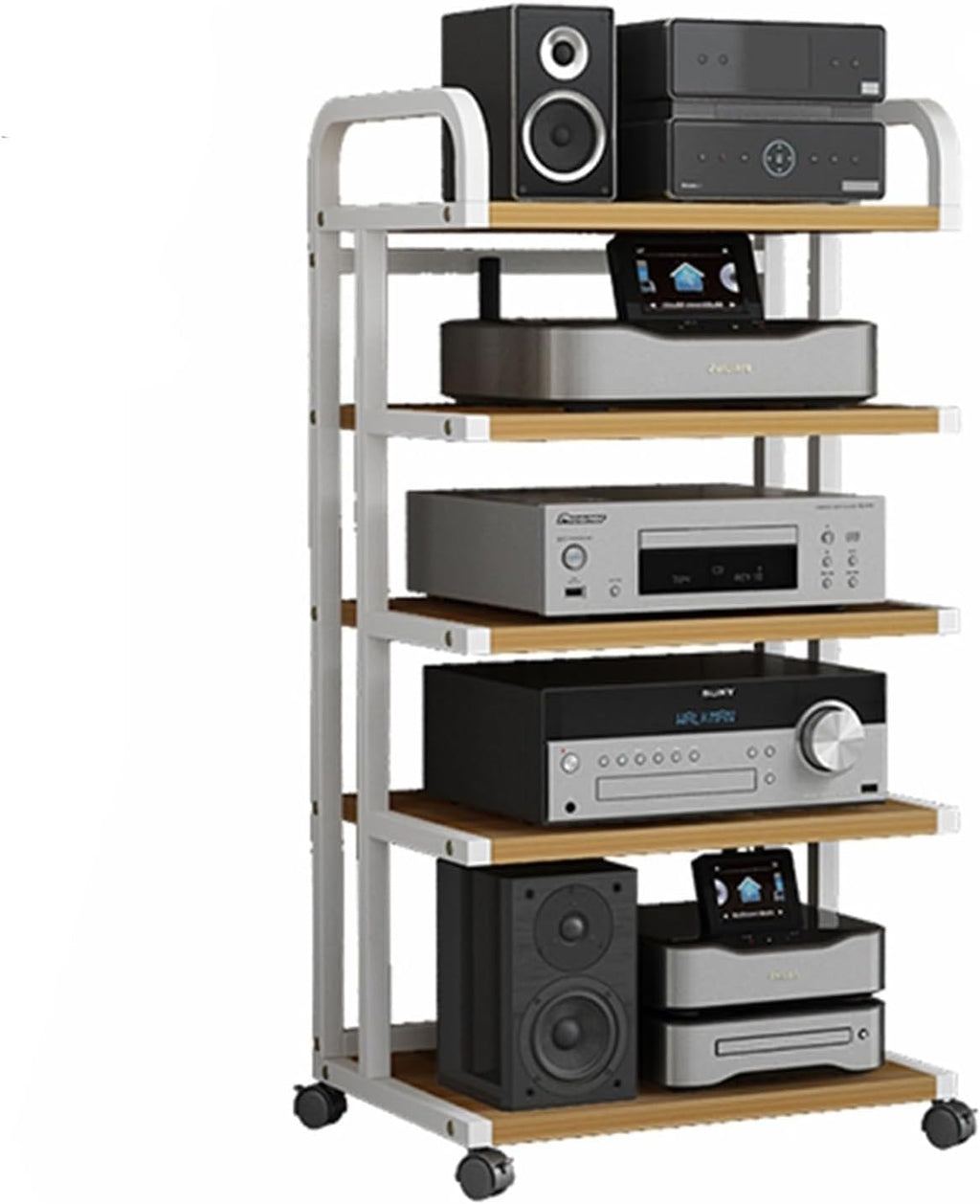 Heavy Duty Wooden Av Media Stand/Hi-fi Rack AudioTower W/Wheels, 5 Tier Audio Rack, for Vocals/Record Player/Stereo Receiver, Electronics Equipment Shelf