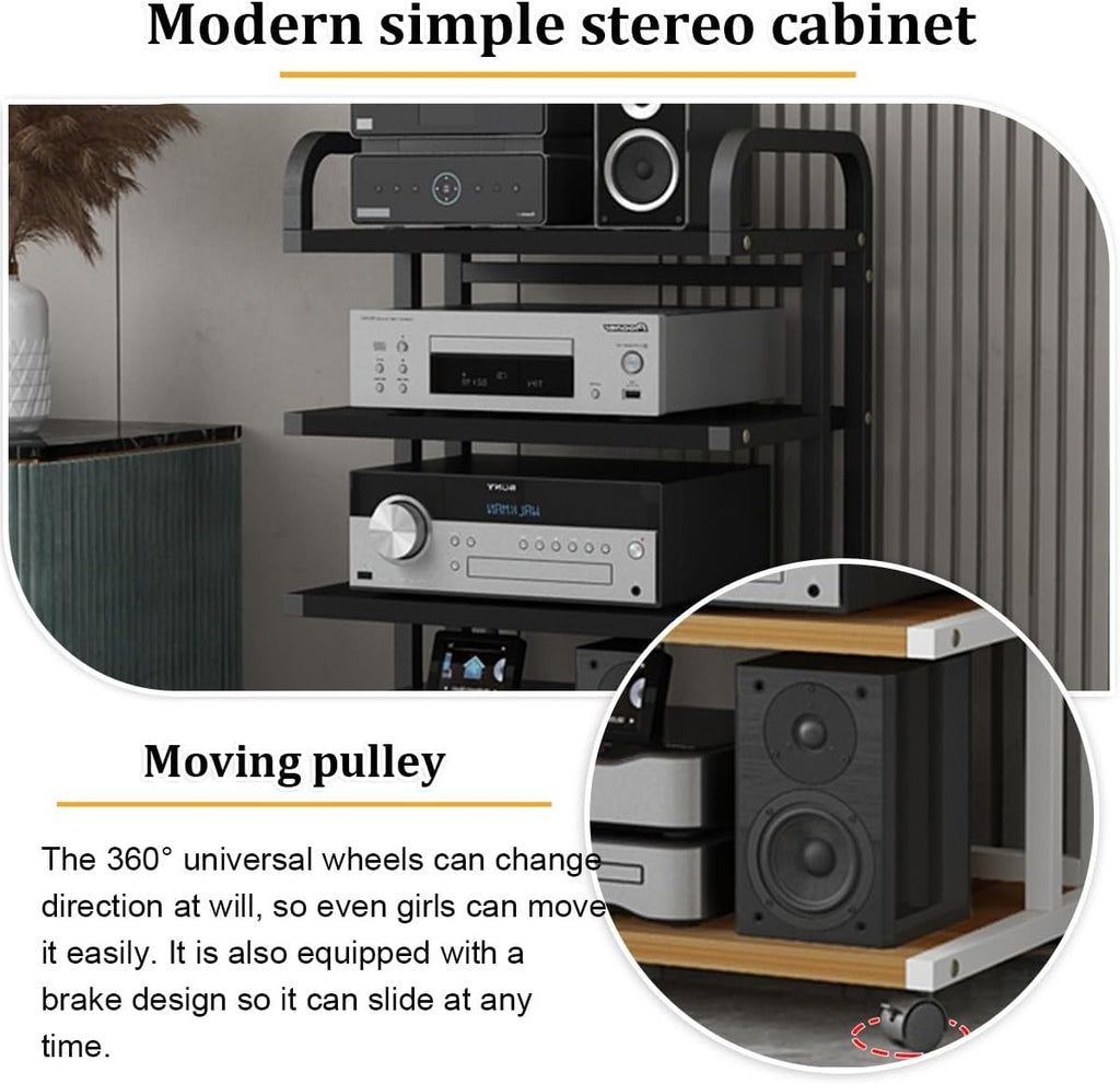 Multimedia HiFi Equipment Stand with Wheels, 4-Tier Stereo Component Storage Shelf, Carbon Steel Audio Rack for Living Room & Bedroom, 90CM Height, Home