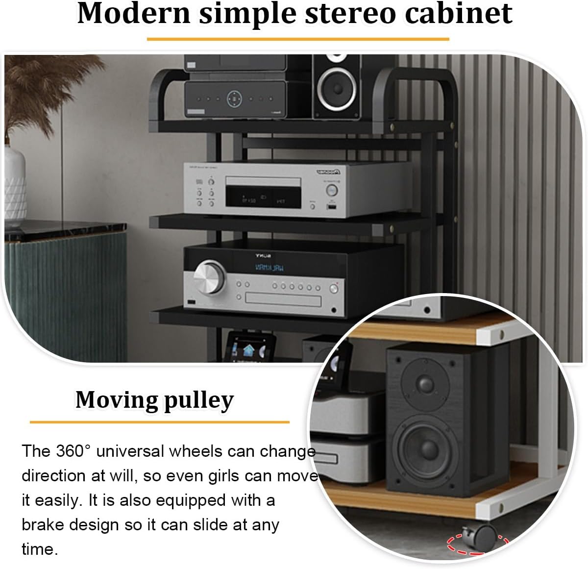 3-Tier HiFi Multimedia Stand with Wheels, Steel Storage Rack for Stereo Components, Adjustable Audio Shelf for Living Room & Bedroom, 65CM/26IN Height