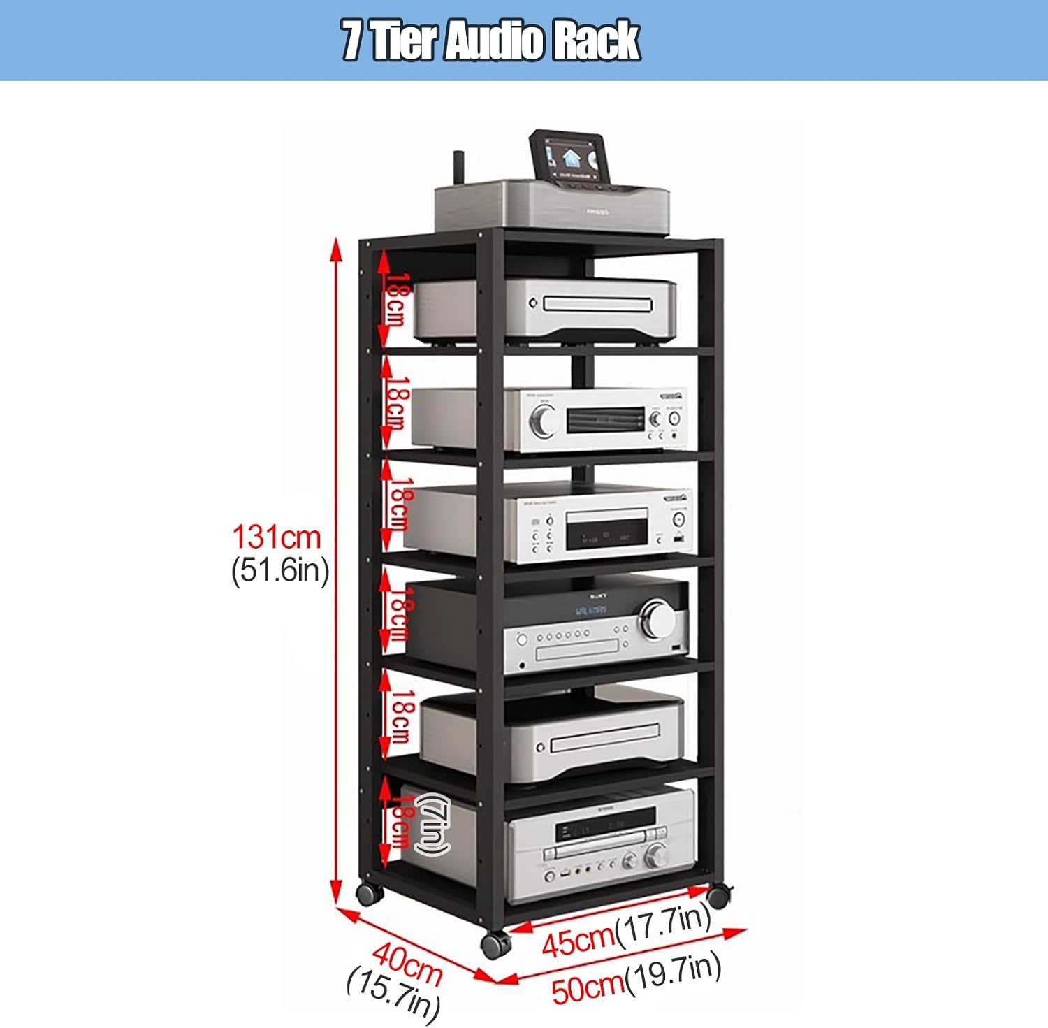 131cm Tall Mobile Stereo Racks and Stands on Wheels Heavy Duty Audio Equipment Rack Cart with Height-Adjustable Shelf, Entertainment Stereo Components Av Media Stand, 7 Tier