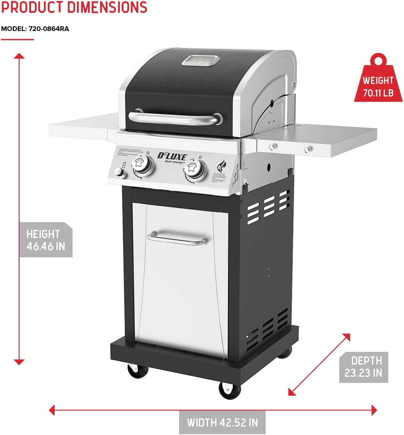 Nexgrill Deluxe 2-Burner Gas Grill with 401 SQ In Grate, 28000 BTUs, Stainless Steel Control Panel & Foldable Side Table, Propane BBQ Grill for Outdoor Cooking, Patios, Backyards and More - 720-0864RA