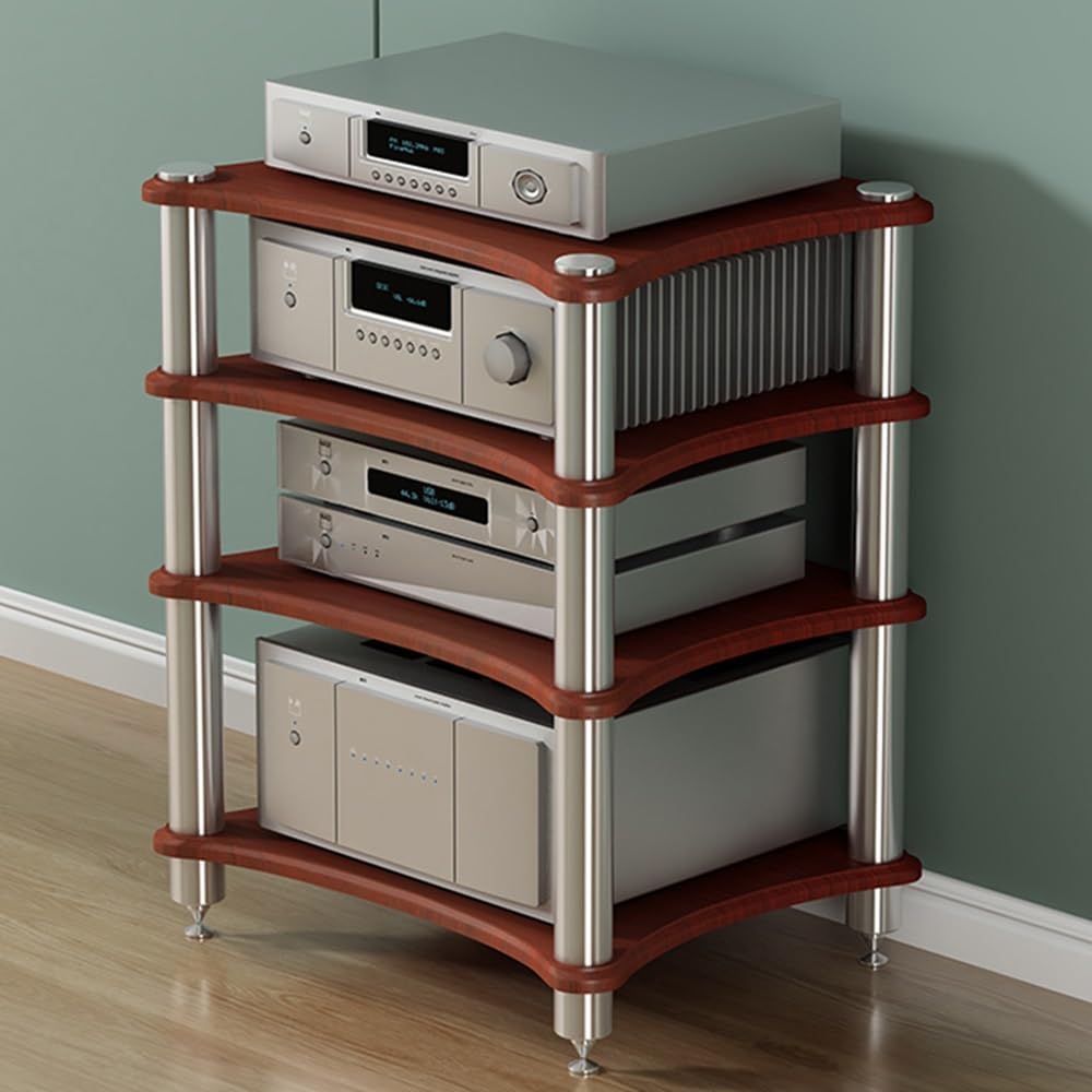 1 2 3 4 Tier AV Media Stand Component Cabinet Corner Shelf Wooden Stereo Cabinet Audio Rack Tower CD Player Stand for Home/Office/Audio Video/DJ/Theater ﻿ ﻿(Red Walnut,4 Tier-60x50x80cm)