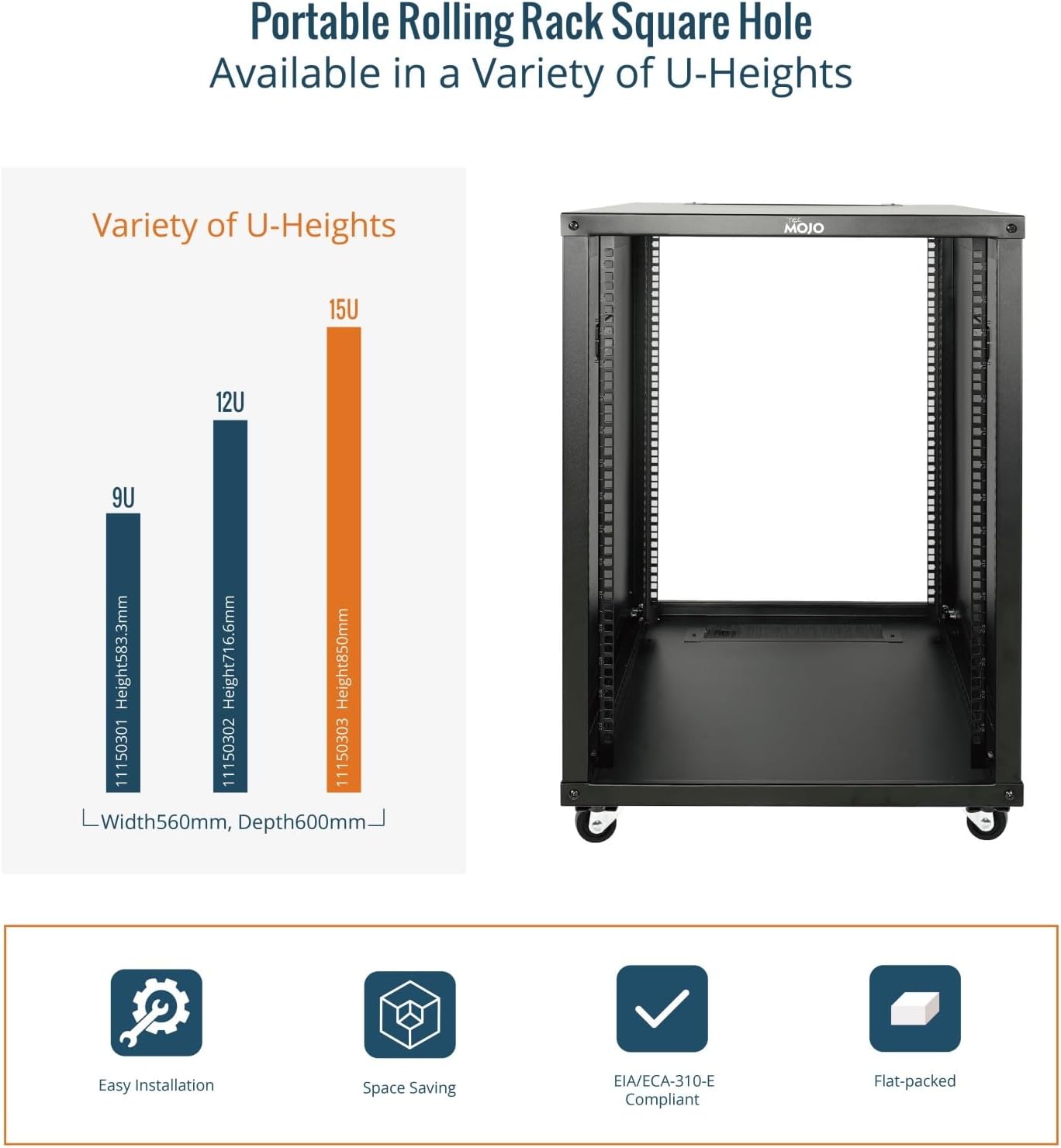 Tecmojo 15U Portable Rolling Network Rack, 4-Post Mobile Open Frame Server Rack with Wheels, Free Standing Server Cabinet for Computer/Data/AV/IT Equipment/Network Equipment