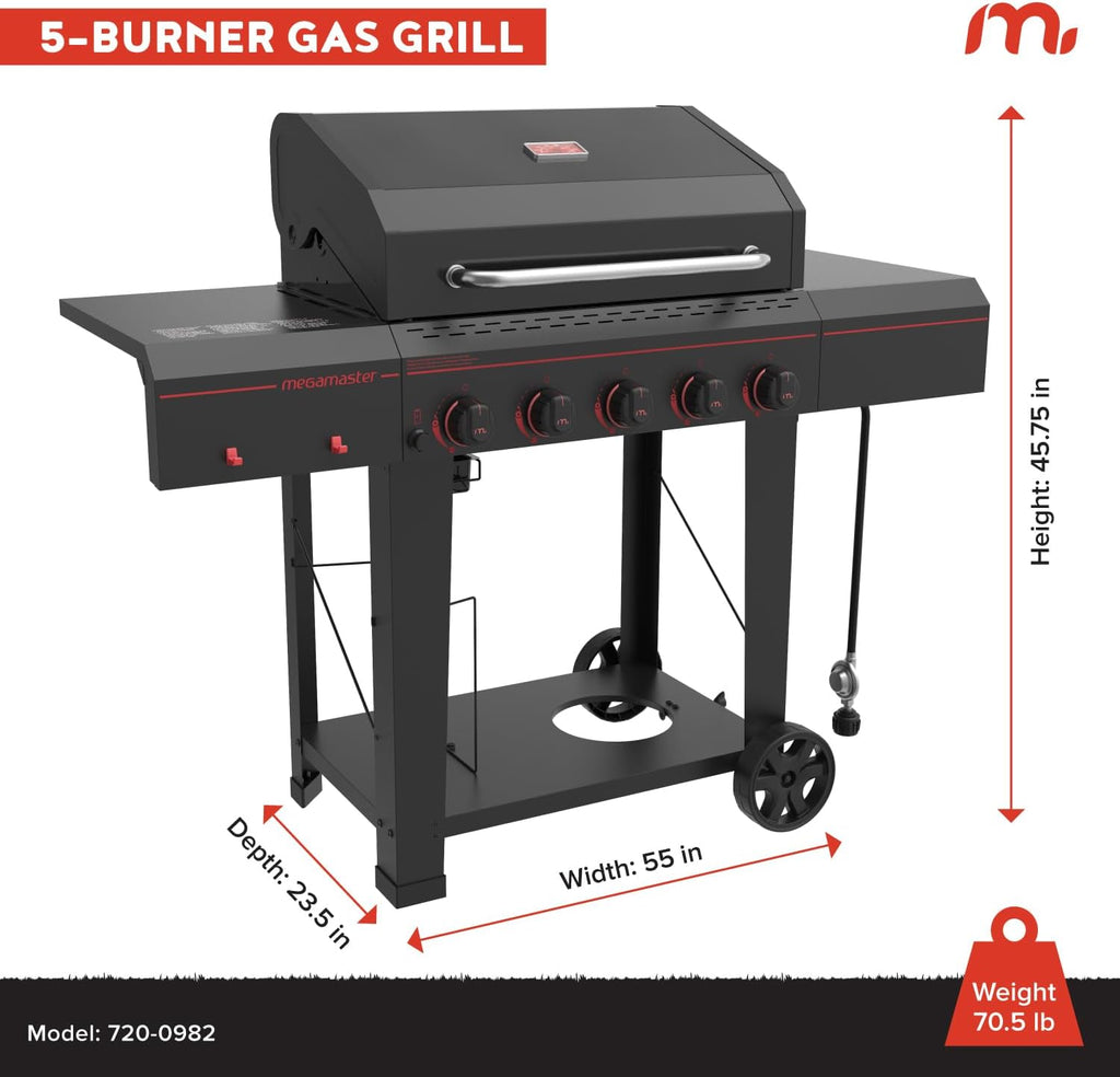 Megamaster 5-Burner Propane Gas Grill with Side Tables, Accessory Hooks, 50,000 BTUs, 656 SQ. In. Cooking Space, 2 Wheel Transport, Outdoor Kitchen Grill for BBQs, Backyards, and More - 720-0982