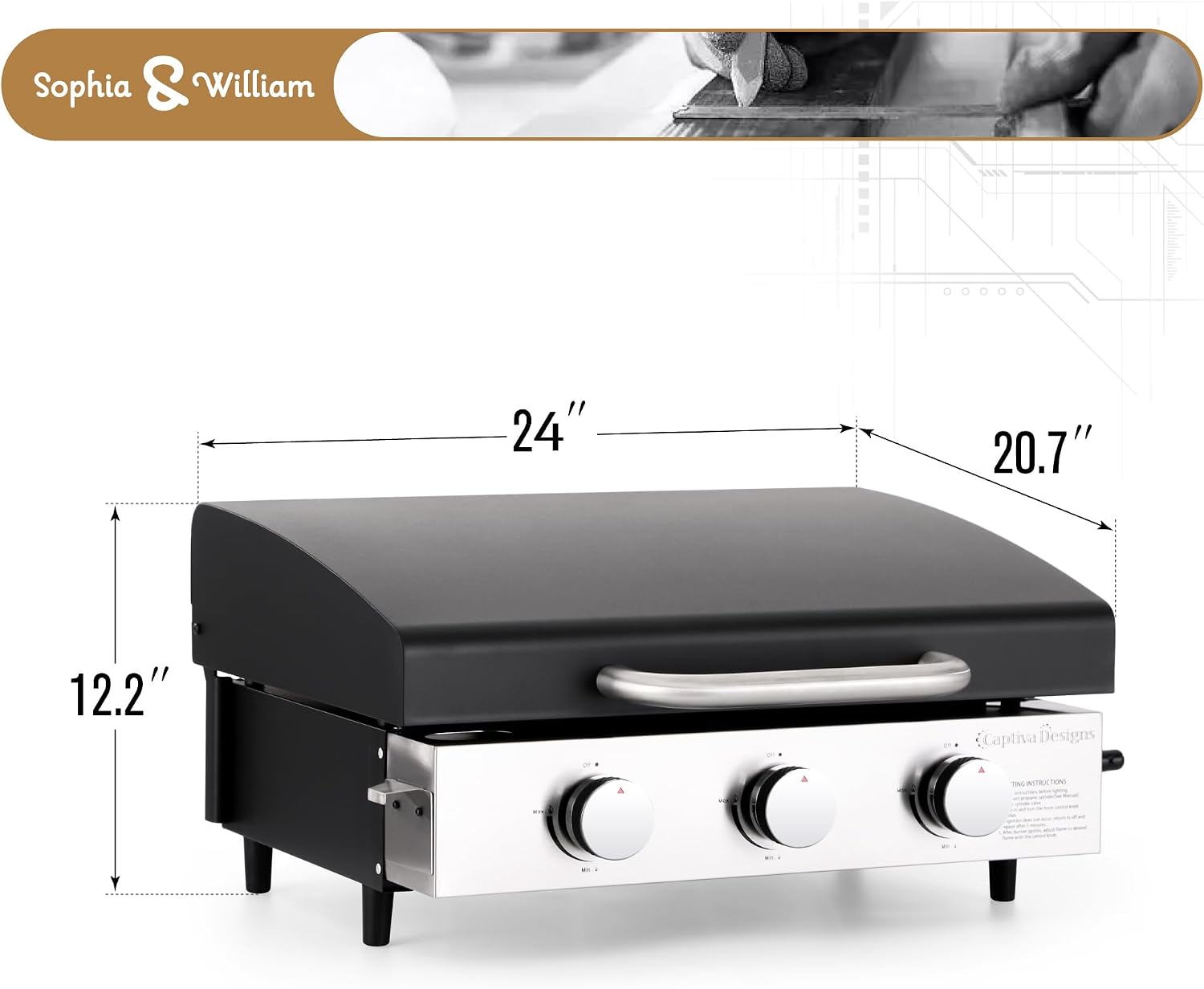Sophia & William 22' Flat Top Grill with Lid & Ceramic Coated Cast Iron Pan, 3-Burner Portable Tabletop Gas Propane Griddle for Outdoor, BBQ, Camping & Tailgating Barbecue, 24,000 BTU