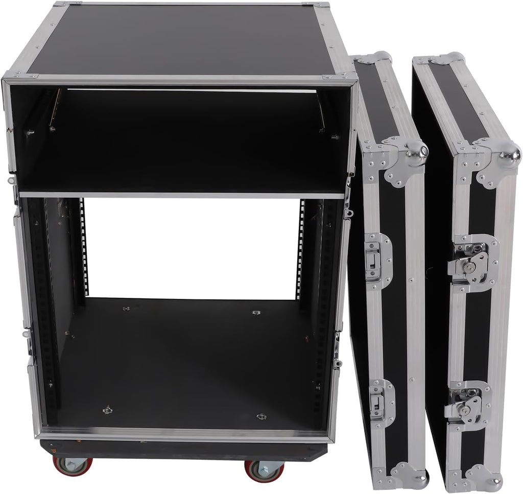 14U PA DJ Rack/Road ATA Case, Network & Stereo Rack with Slant Mixer Tops, Heavy-Duty DJ Work Table Rolling Studio Equipment Cabinet, Amplifier Mixer Storage Stand for Pro Tour Grade, Live Sound
