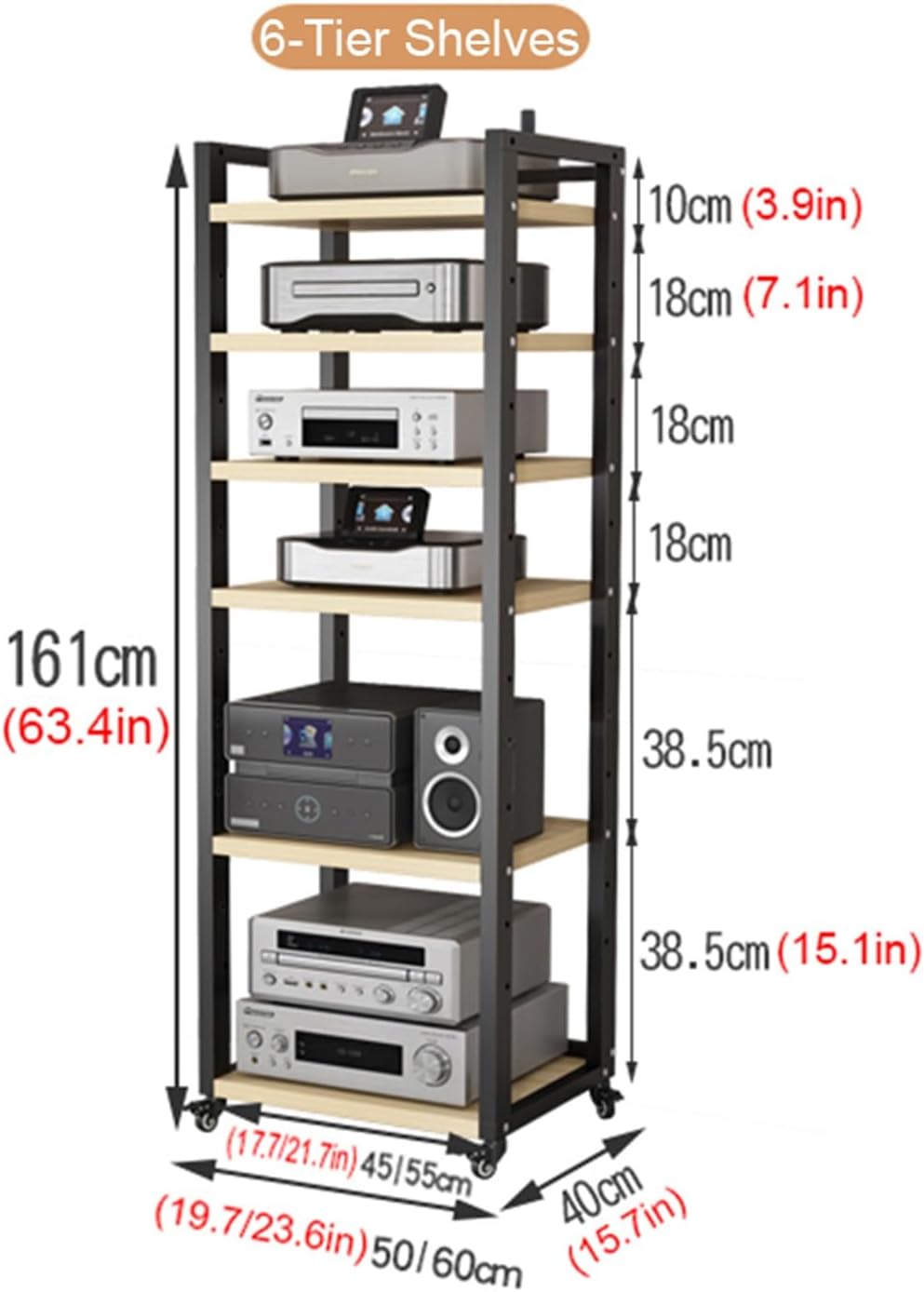 5/6/7/8 Tier Furniture Media Stand DVD CD Player Stand Audio Rack Power Amplifier Equipment Cabinet with Height Adjustable Wooden Shelf Multifunctional Storage Shelves ( Color : B-6 Tier , Size : 50x4