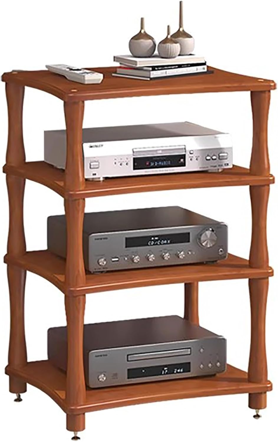 Audio Rack/Record Player Stand with Shock Absorbing Feet, Wooden Stereo Cabinet Media Stand Corner Shelf, TV Box/WiFi Router/Audio Equipment Organizer