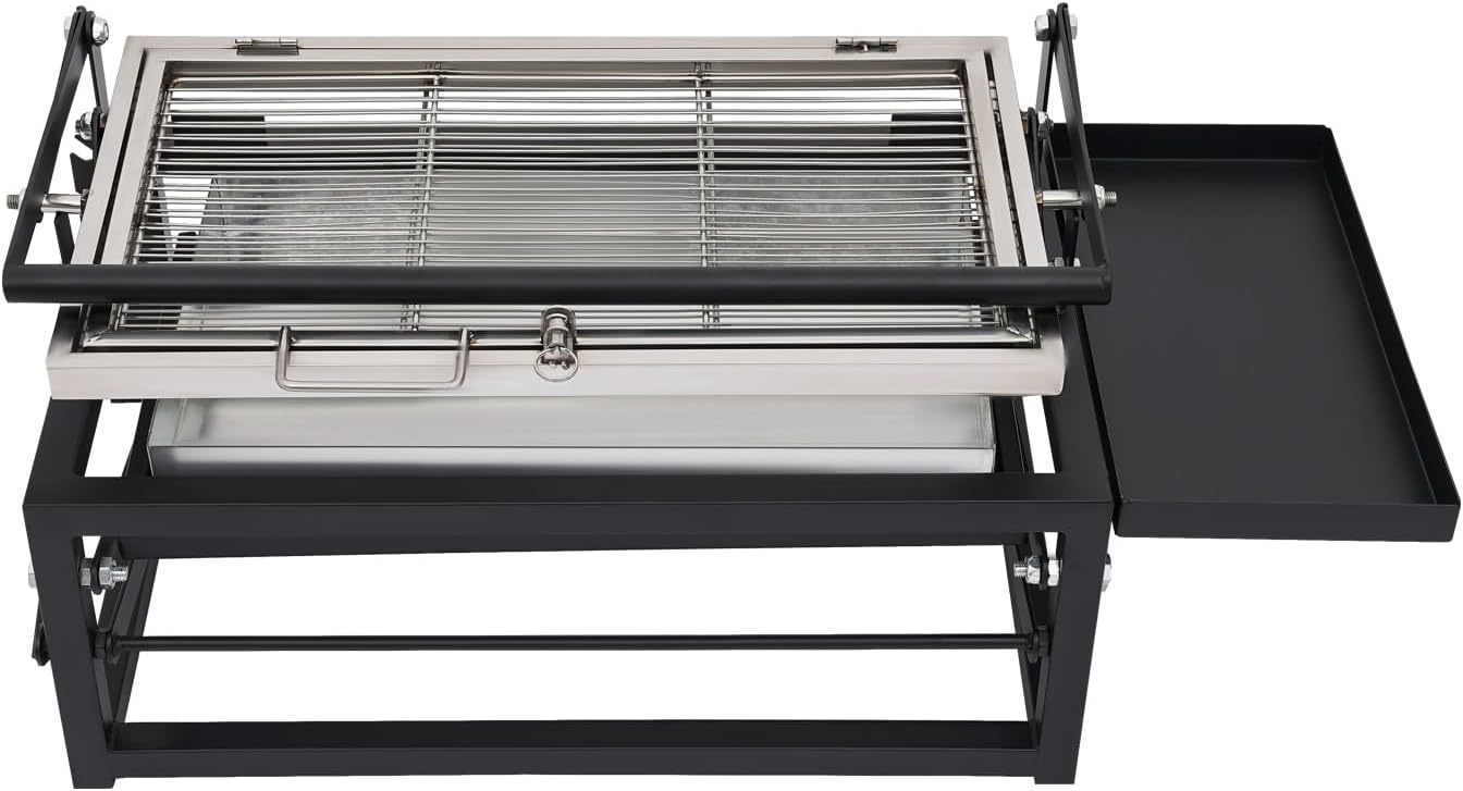 Charcoal Flip Grill, 360° Rotating Barbecue Grill for Camping with Adjustable Charcoal Tray & Clip Grid Portable Outdoor BBQ Grill On Wheels with Detachable Legs and Side Condiment Area