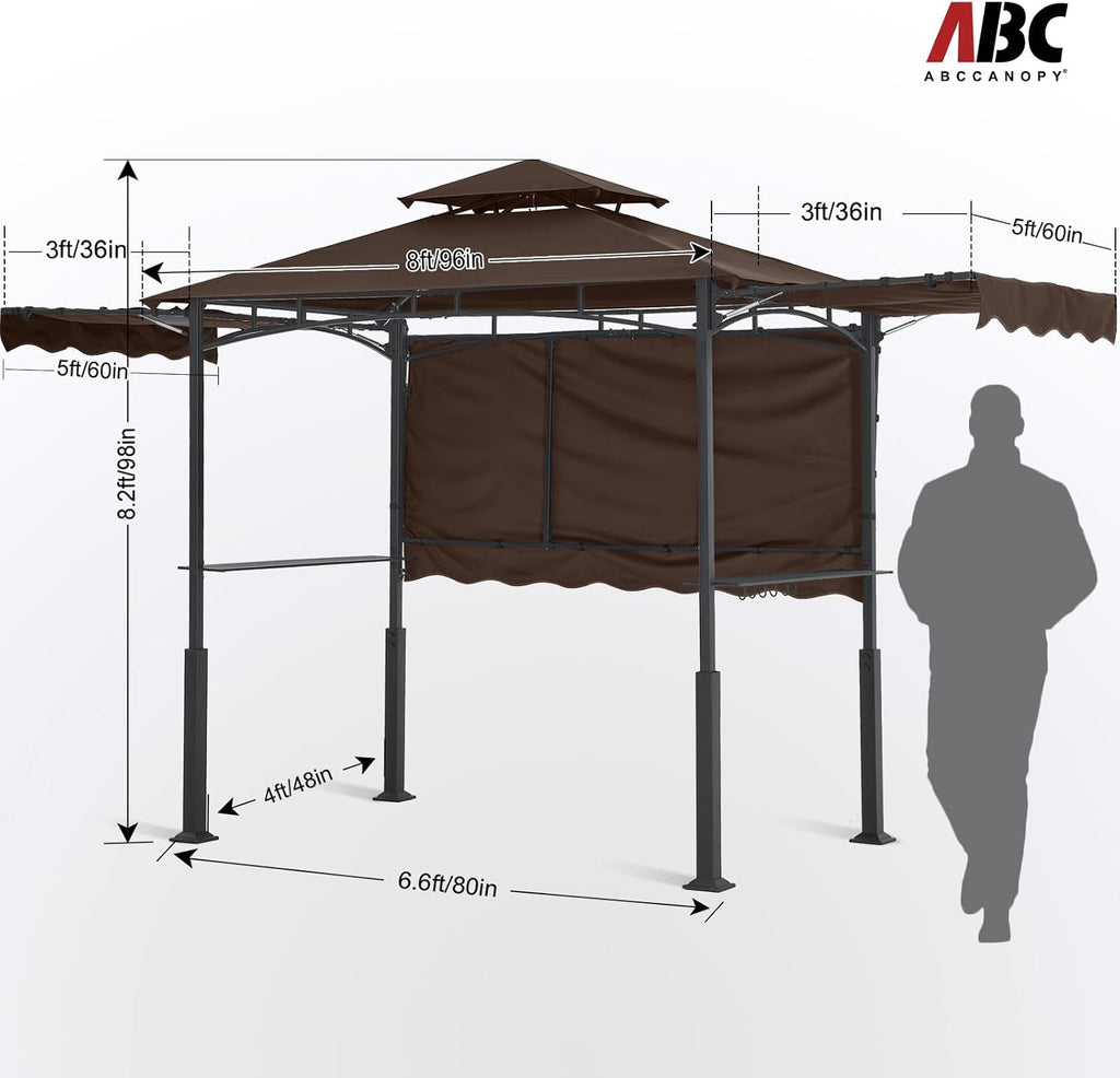 ABCCANOPY Grill Gazebo with Extra Awning on Three Sides - 5'x14' Outdoor Grill Canopy BBQ Gazebo Barbecue Canopy with LED Lights for Backyard, Lawn and Patio (Brown)
