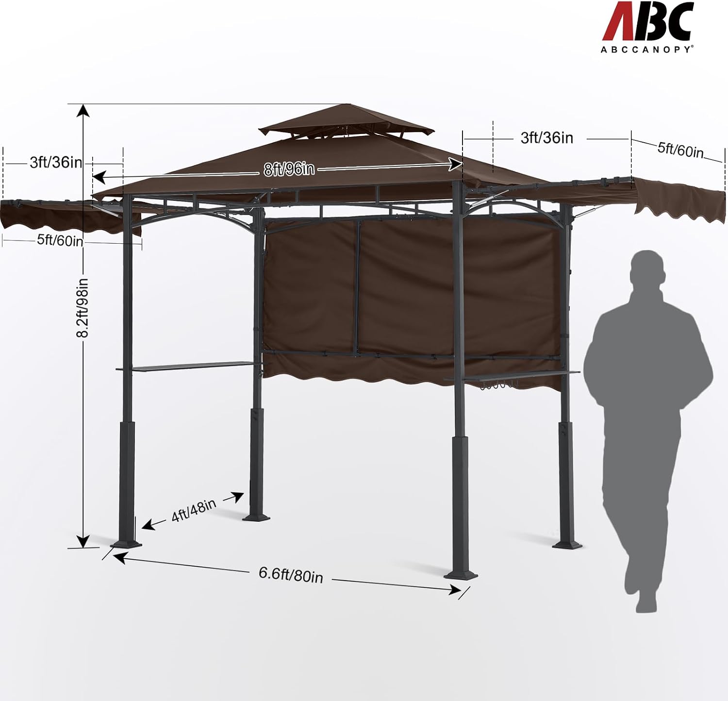 ABCCANOPY Grill Gazebo with Extra Awning on Three Sides - 5'x14' Outdoor Grill Canopy BBQ Gazebo Barbecue Canopy with LED Lights for Backyard, Lawn and Patio (Brown)