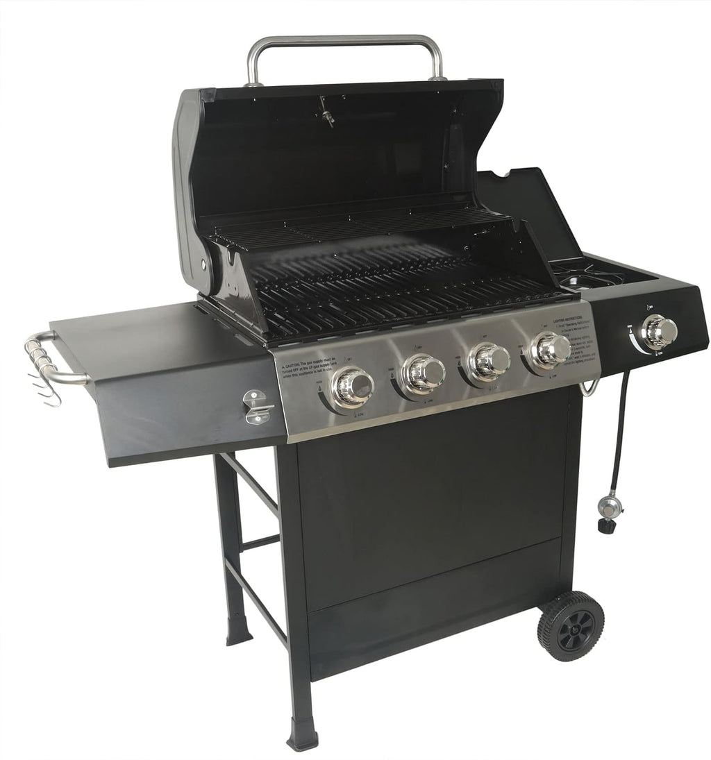 Grill Boss 4 Burner Propane Gas BBQ, Portable w/ Lid, Wheels & Side Shelves, Black - Grilling Accessories and Equipment for Camping, Tailgating, Outdoor Barbecue and Cooking