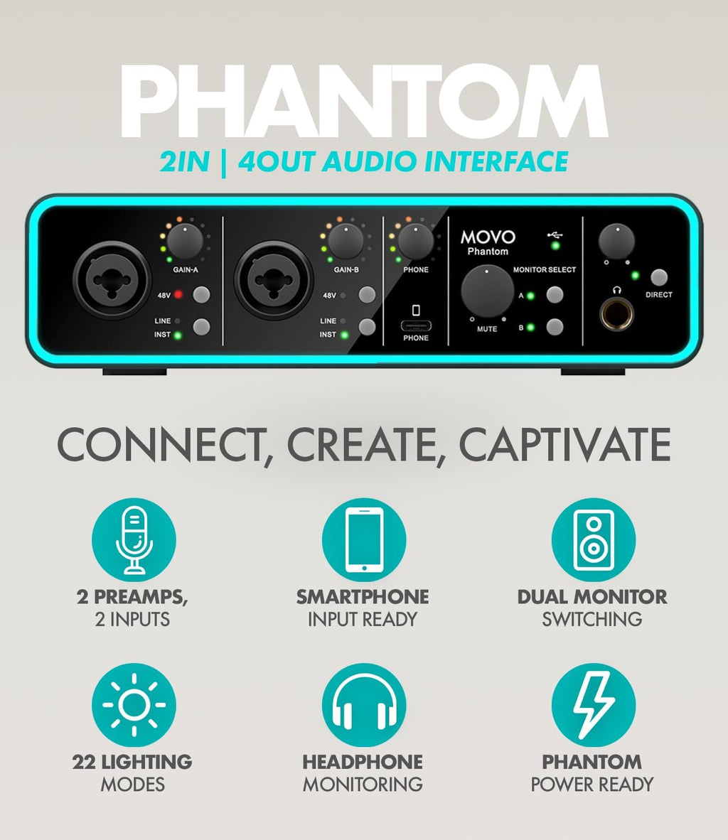 Movo Music Audio Interface Bundle - Phantom USB Audio Interface, CastMic XLR Dynamic Microphone, and Tabletop Stand - Professional Studio Equipment for Musicians, Singers, and Producers