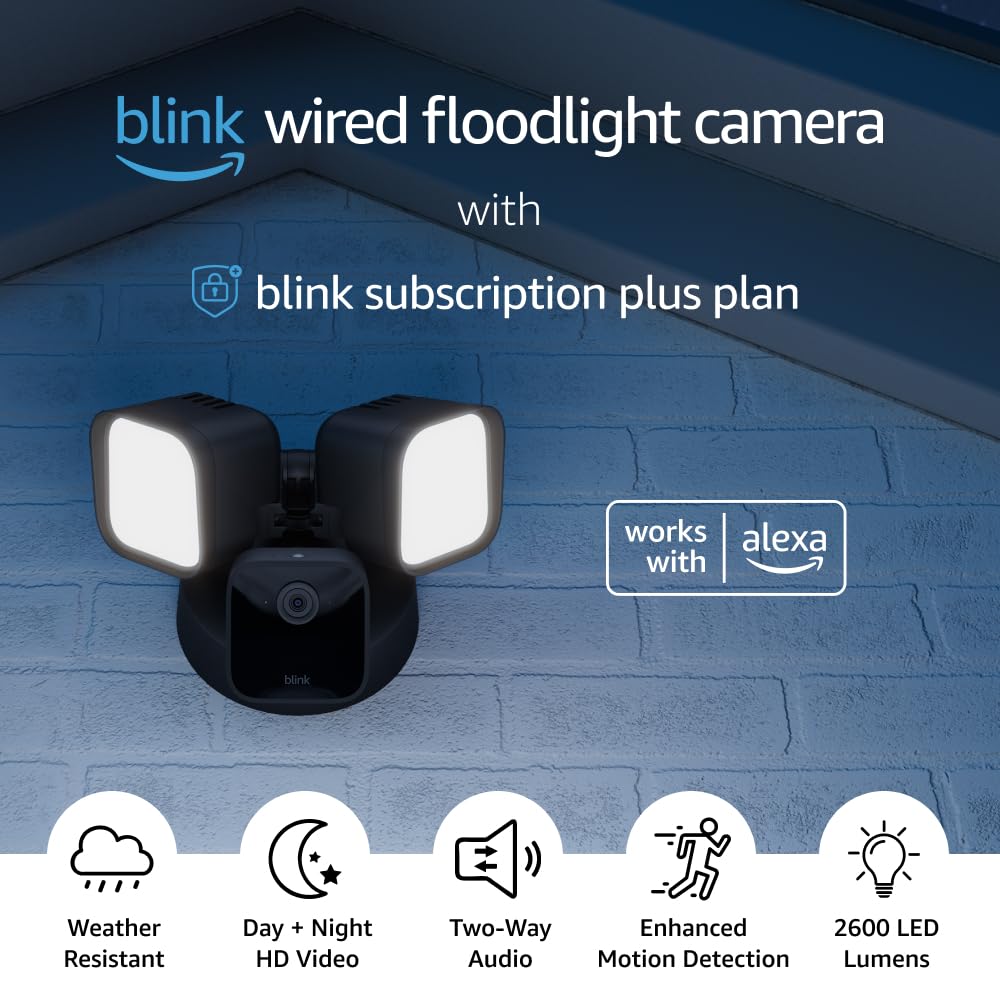 Blink Wired Floodlight Camera With 1-Year Subscription – Smart security camera, 2600 lumens, HD live view, person detection, built-in siren, Works with Alexa – 1 camera (Black)
