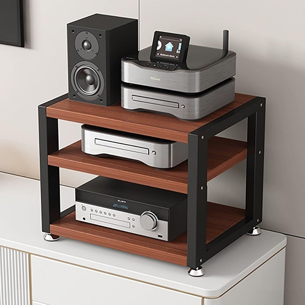 Sturdy 3-Tier Video Media Stand for TV & Record Player, Audio Rack with Thick Steel Frame & Foot Pads, Stylish Media Storage Cabinet (Brown, 45x35x35.5cm)
