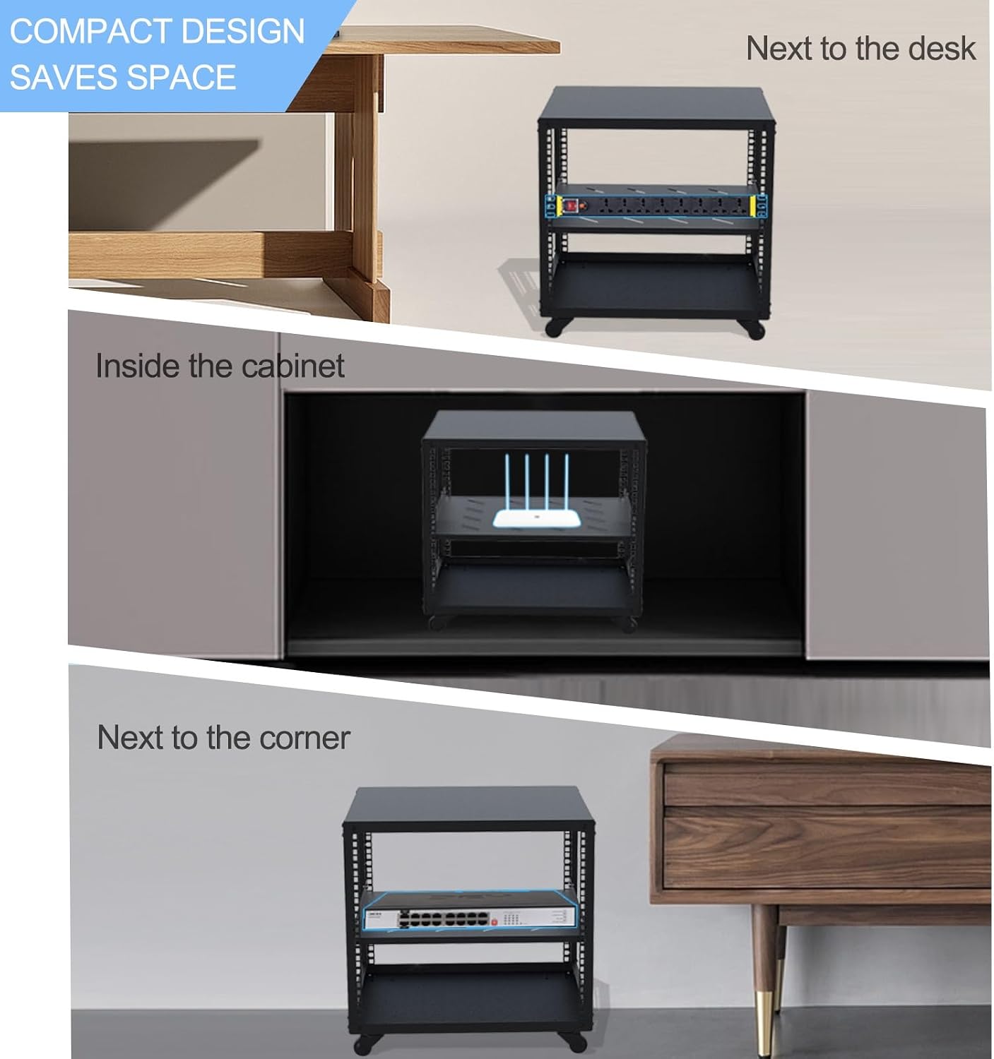 Audio Rack AV Media Stand Audio Stand with Wheel, Media Storage Cabinet Adjustable Entertainment Video Game Equipment Console Shelf, Corner Entertainment Center