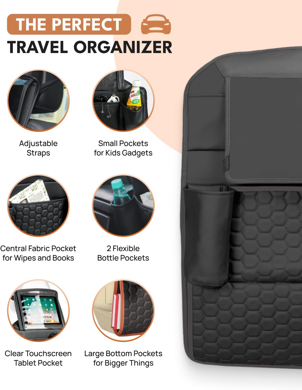 Owleys Set Seat Back Organizer & Car Seat Protector Hexy Waterproof & Non-Slip Protector for Child Car Cushion for Leather and Fabric Seats (Black Set 1)