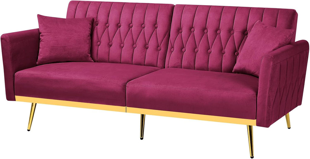 70' Velvet Futon Sofa Bed with 2 Pillows and Adjustable Armrests, Convertible Sleeper Bed W/Adjustable Backrests, Modern Loveseat for Living Room, Bedroom, Fuchsia