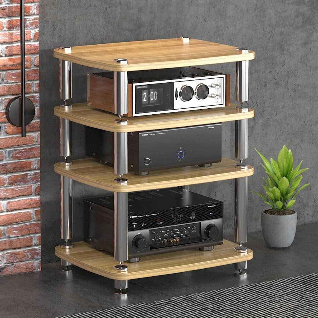 4 Layer Audio Cabinet Stand Record Player Stand Audio Rack with Shock Absorbing Feet Power Amplifier Shelf Equipment Cabinet White 60 * 48 * 10Cm Tier 1,Wood Color,60 * 48 * 76cm(4Tier)
