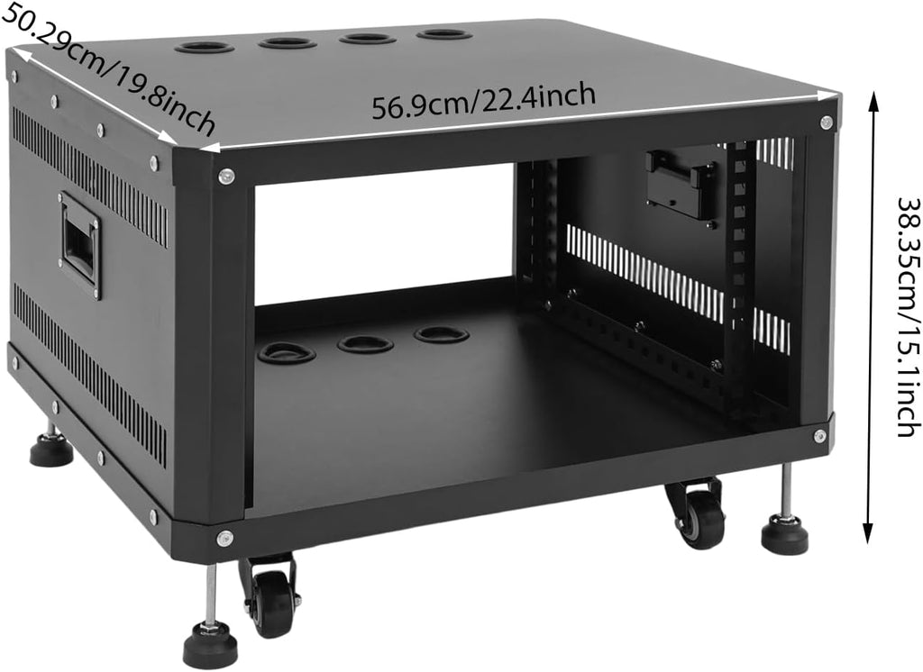 6U Network & Stereo Rack, Universal AV Equipment Rack with Caster Wheels, 22-Inch Rolling Open Server Audio Cabinet, AV Rack Stand for Studio, Server, Network Gear, Built-in Ventilation Holes (Black)