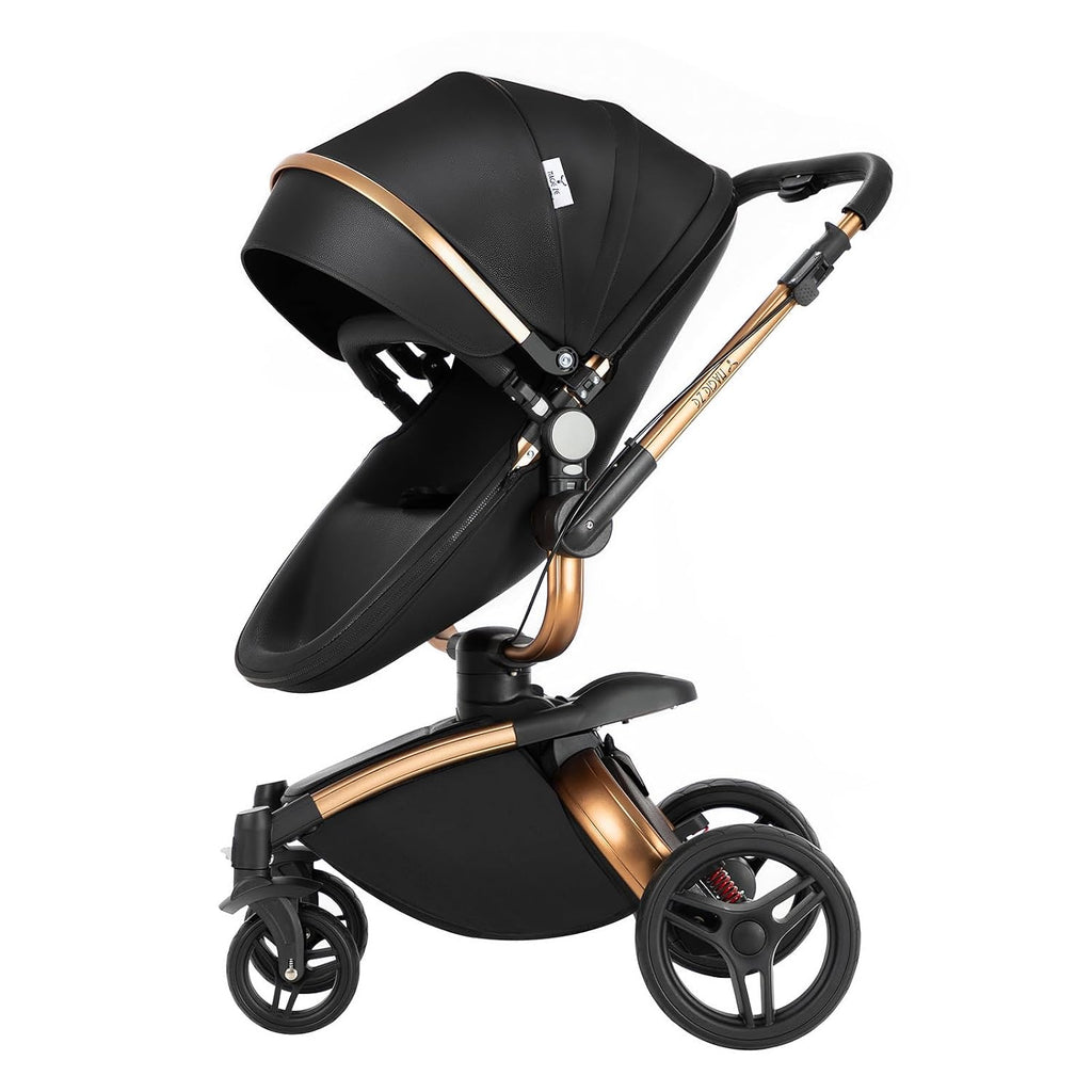 PU Leather 2 in 1 Baby Stroller with 360° Rotatable Seat, Reversible Portable Standard Baby Stroller Convertible Pushchair Infant Carriage Foldable High Landscape Pram Toddler Newborn (HR002-Black)