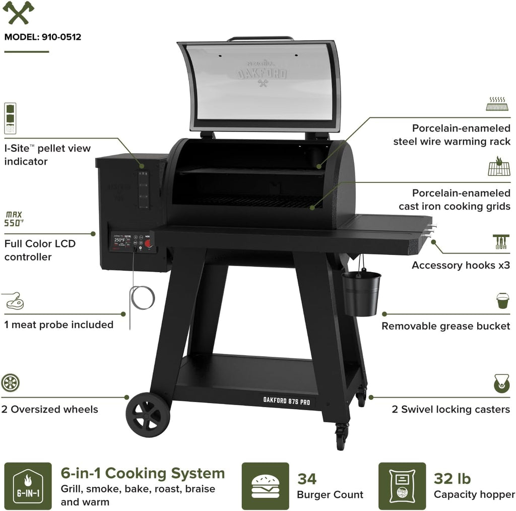 Oakford 875 Pro Pellet Gril with 824 SQ In Cooking Area, Cast Iron Grates, I-Site View Indicator, Heavy Duty Pellet Smoker Grill with Bluetooth Connectivity - 910-0512