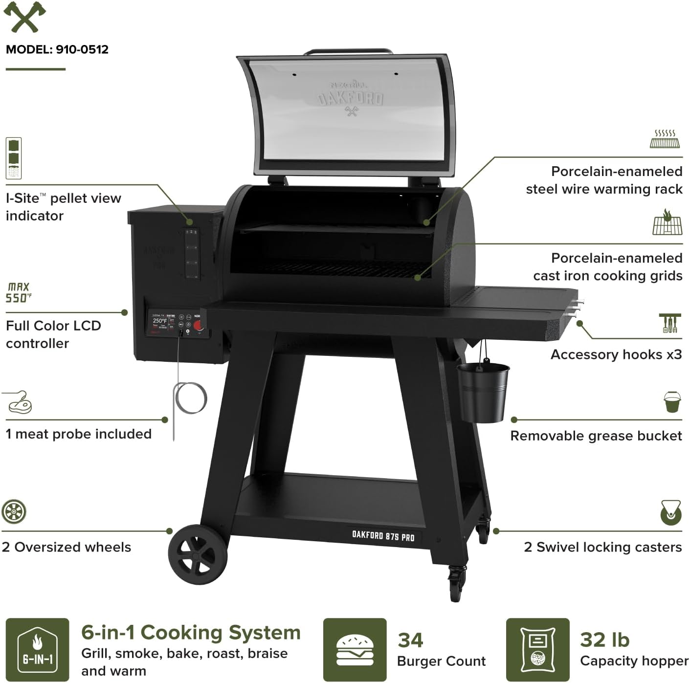 Oakford 875 Pro Pellet Gril with 824 SQ In Cooking Area, Cast Iron Grates, I-Site View Indicator, Heavy Duty Pellet Smoker Grill with Bluetooth Connectivity - 910-0512