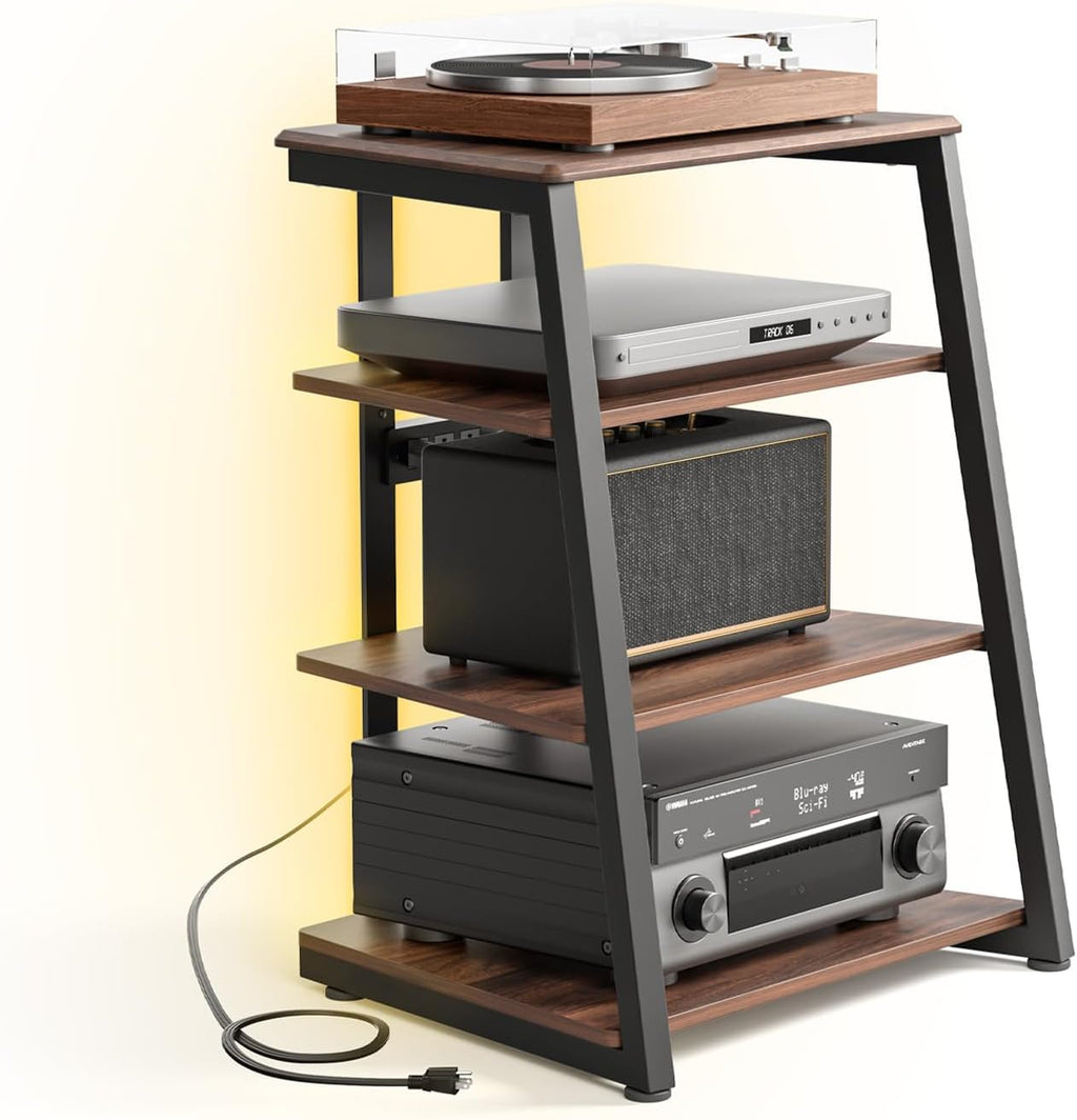 FITUEYES Design 4-Tier AV Media Stand Corner Shelf with LED Backlight for Record Player Wooden Stereo Cabinet Audio Rack Tower with Height Adjustable Wooden Shelves for Xbox One
