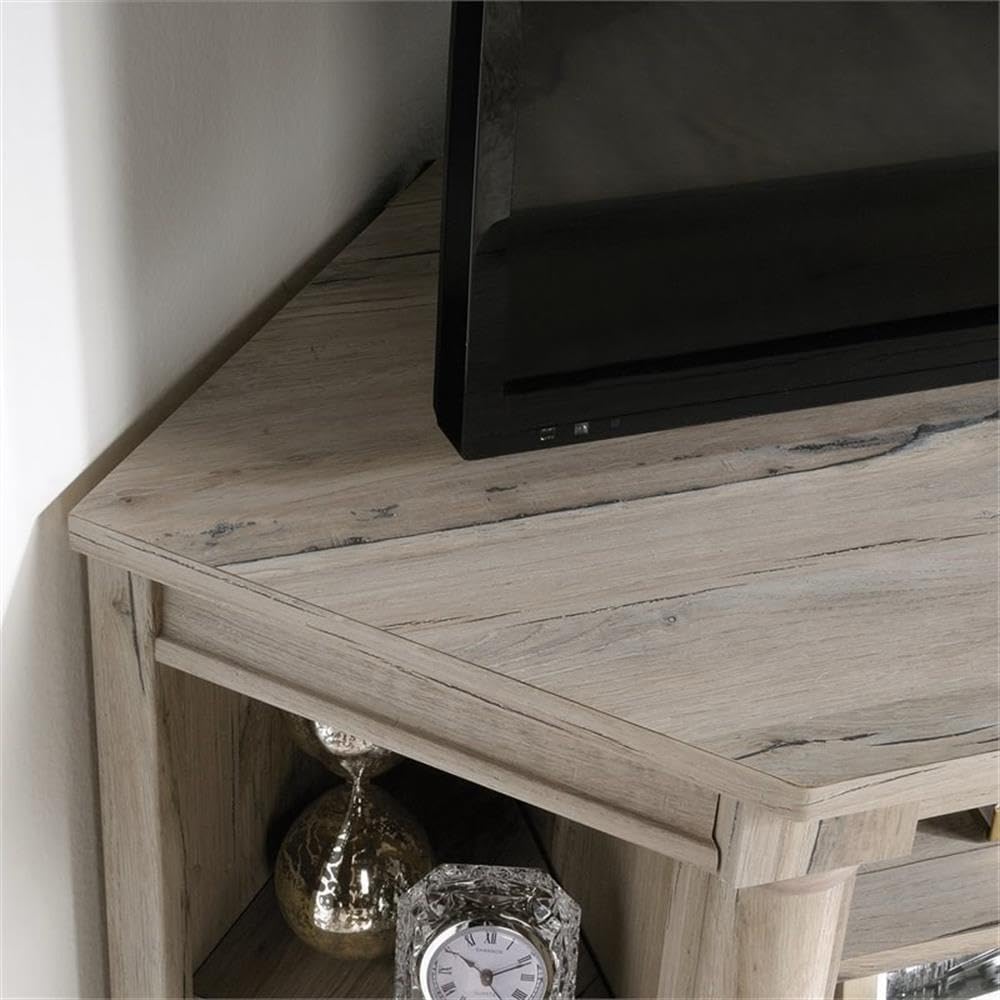 Pemberly Row Corner TV Stand Console, 60 in, Engineered Wood, Split Oak Finish, Adjustable Shelves and Drawers, Compact Space Solution, Fits Up to 60 in TV, Home Living Room Storage