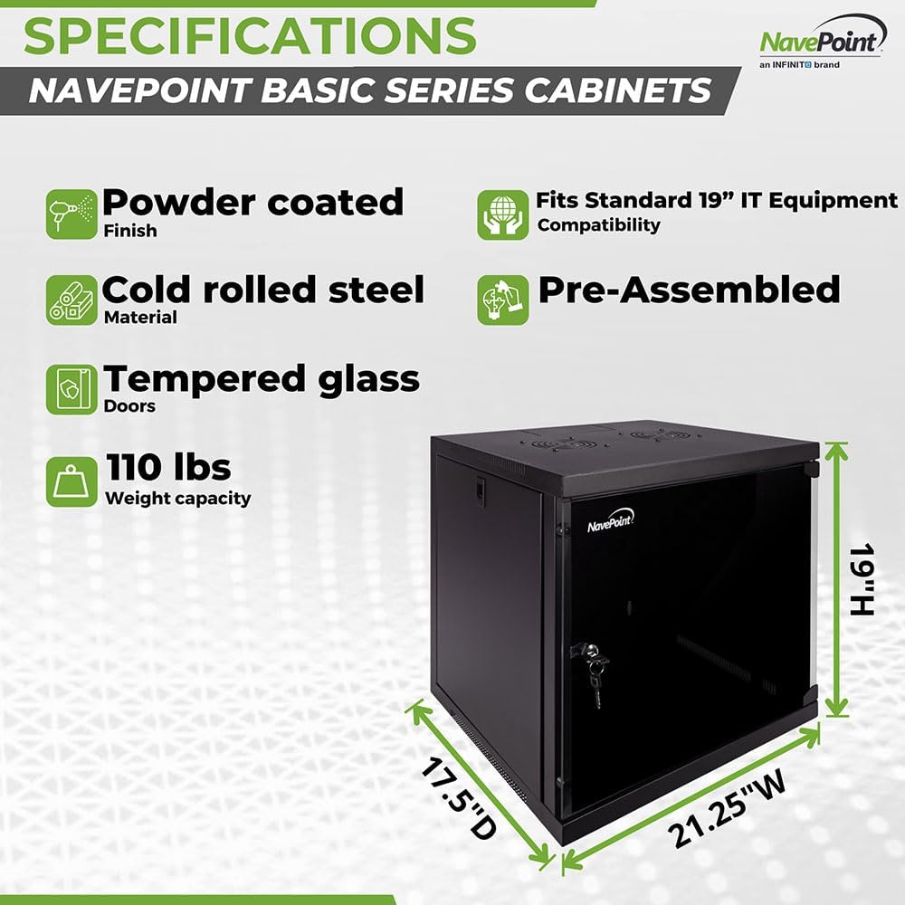 NavePoint 9U Wall Mount Network Cabinet for 19' IT Equipment with Lockable Glass Door & Removable Side Panels, 2 Fans, 17.7' Deep, Pre-Assembled