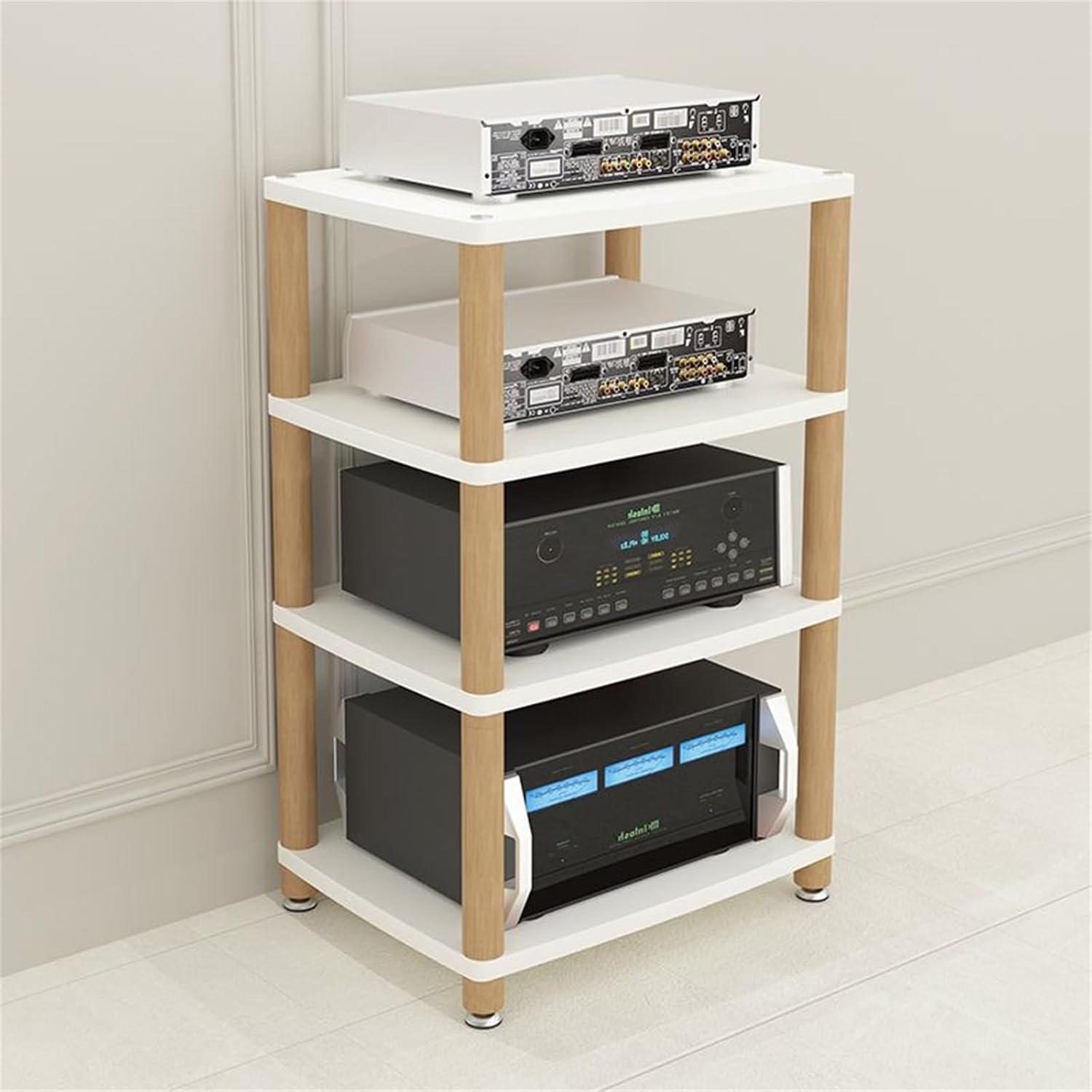 4-Tier Adjustable AV Media Stand - Record Player, DVD, CD & Audio Rack Tower Holder, Entertainment Console Shelf, White Storage Cabinet for Stereo Equipment