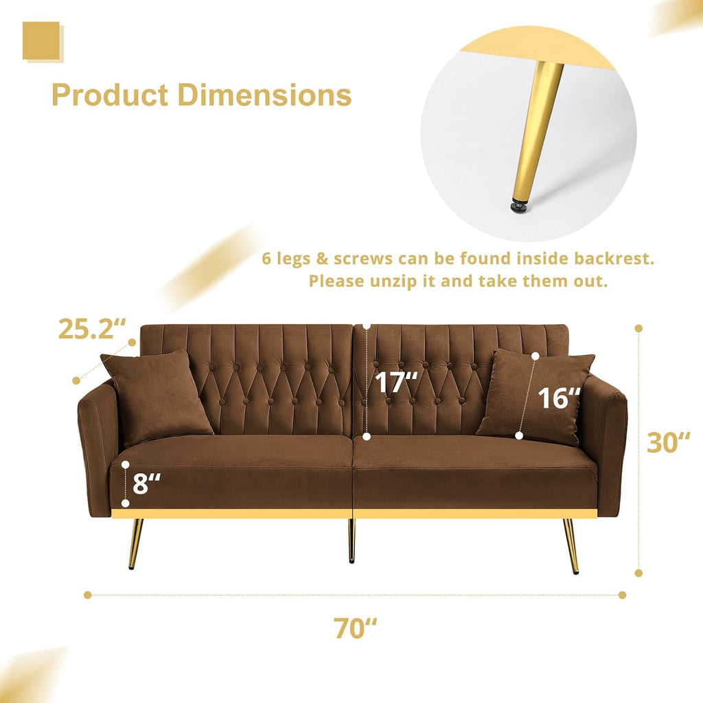 70' Velvet Futon Sofa Bed with 2 Pillows and Adjustable Armrests, Convertible Sleeper Bed W/Adjustable Backrests, Modern Loveseat for Living Room, Bedroom, Brown