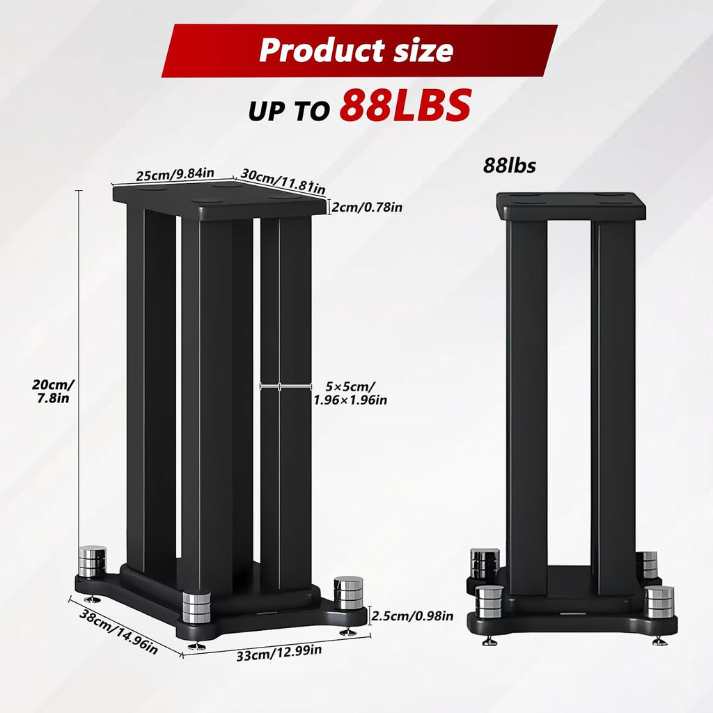 A Pair of Speaker Stands, Heavy Duty Speaker Stand Holds Bookshelf/Satellite/Large Speaker, Vibration-Absorbing MDF Design, 1.96×1.96in Metal Column Support,Holds 88lbs Speaker (Black, 7.8in)