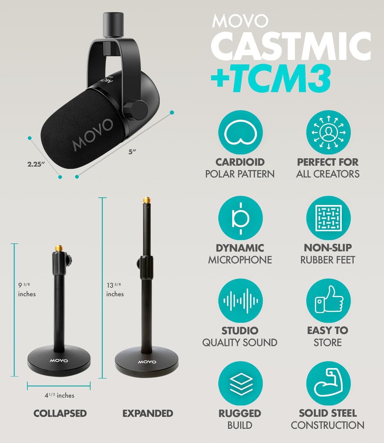 Movo Podcasting Equipment Bundle - Phantom USB Audio Interface, 2 CastMic XLR Dynamic Microphones, 2 Desk Stands and Headphones - Complete Studio Setup for Professional Podcasting and Streaming