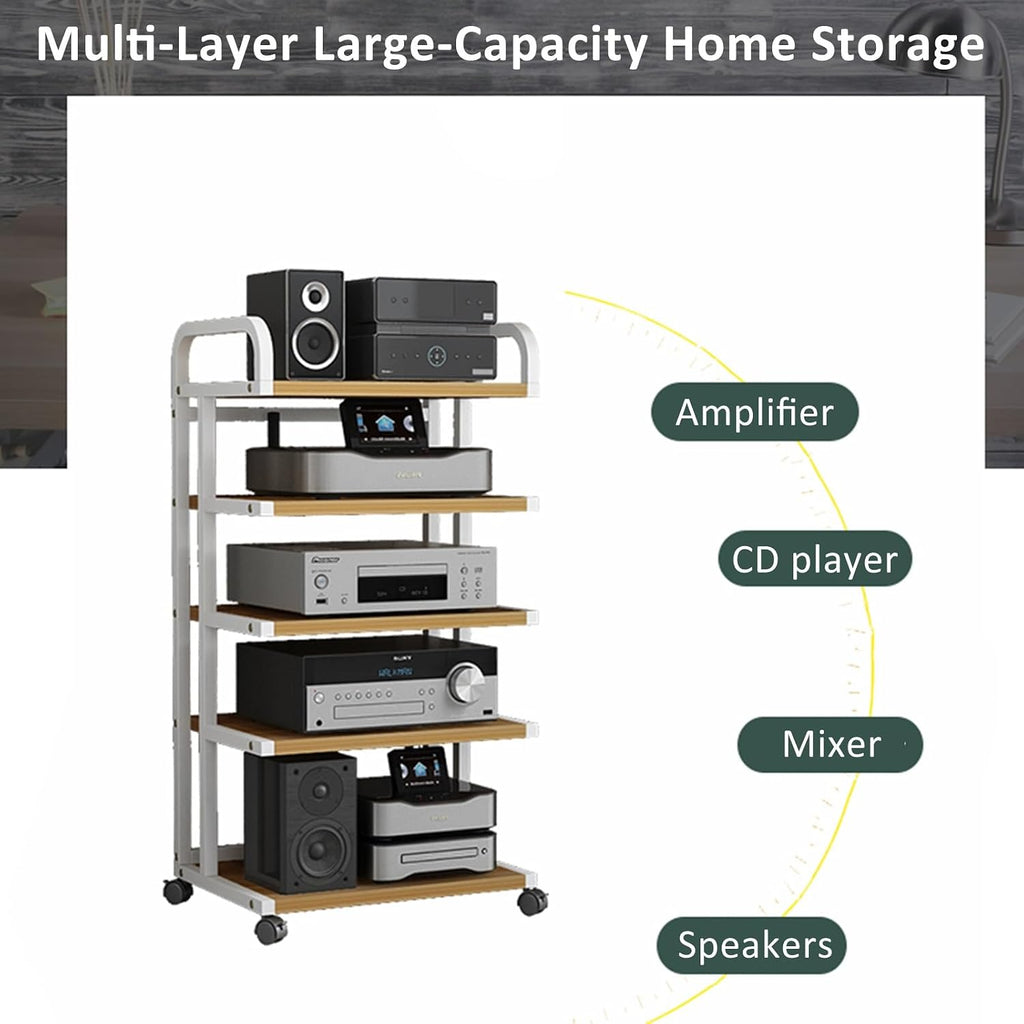Stereo Stand Modern with Wheels Audio-Video Media Stand Design AV Media Stand Audio Rack Tower for Record Player Wooden Stereo Cabinet Audio Rack Tower for Living Gaming Recording Room(Deep black,50x4